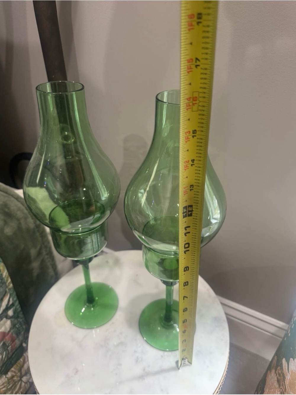 Vintage Green Glass Candle Holders - Decorative Hurricane Set - Picture 2 of 3